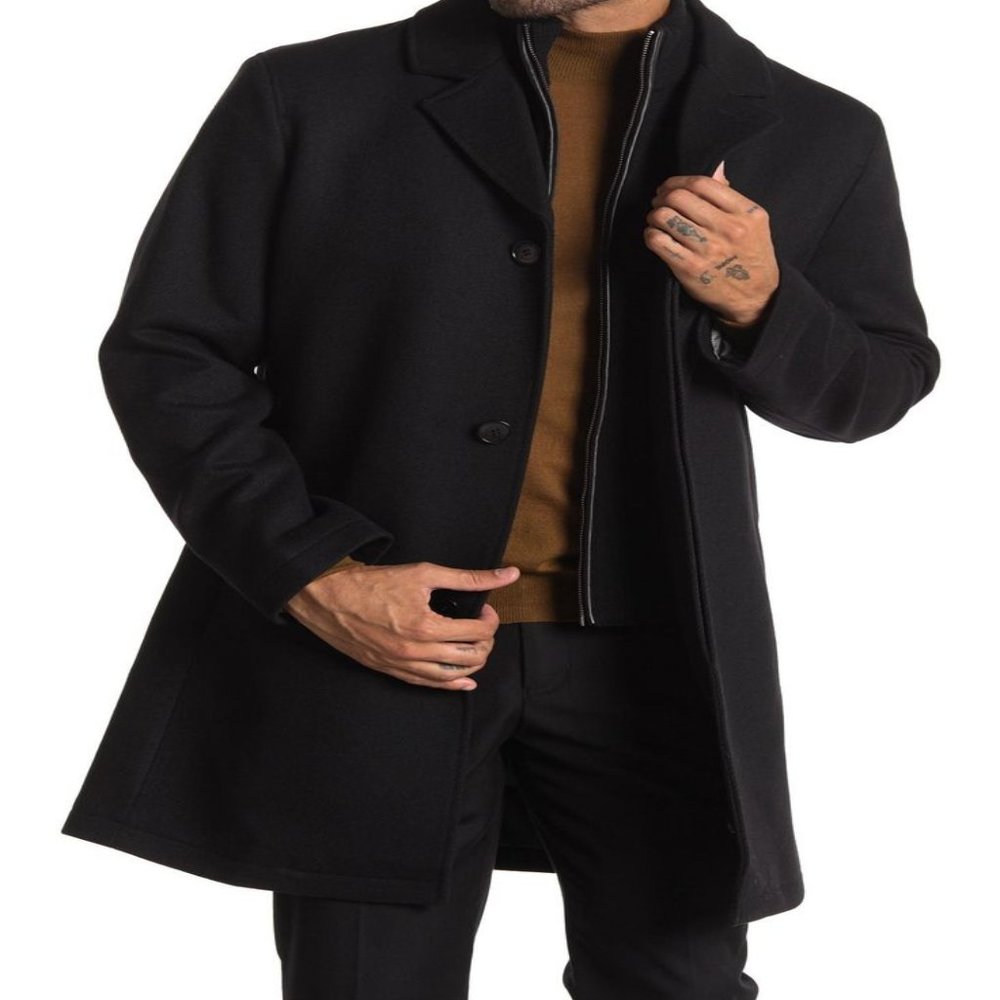 Cole Haan Wool Blend with Leather  + Faux Fur Trim Bib Insert Coat (NWT)